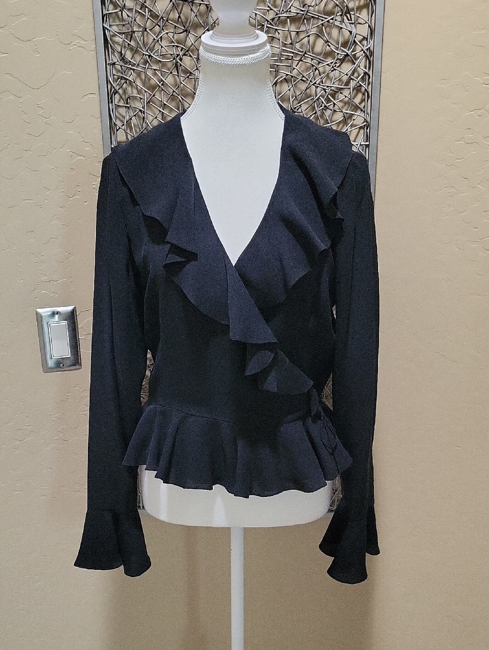 Patrick Christopher 100% Silk Black Ruffle V-Neck Wrap Top
